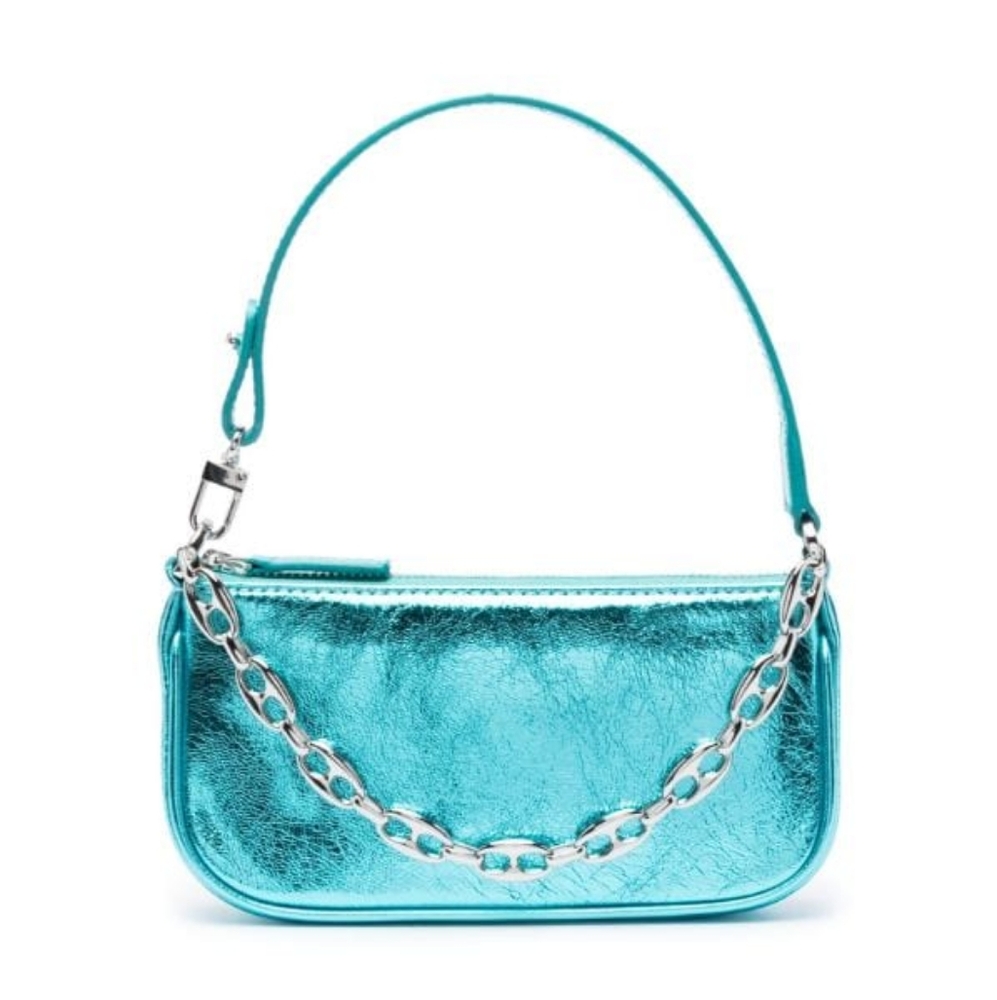 S-4. NEW BY FAR MINI RACHEL METALLIC LEATHER BAG IN AQUAMARINE